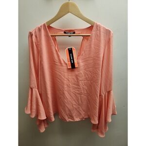 Gianni Bini Women‎ Peach Bell Sleeve Open Back V Neck Blouse Top XL